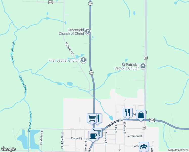 map of restaurants, bars, coffee shops, grocery stores, and more near Highway 39 in Greenfield