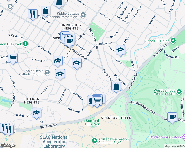 map of restaurants, bars, coffee shops, grocery stores, and more near 2171 Clayton Drive in Menlo Park