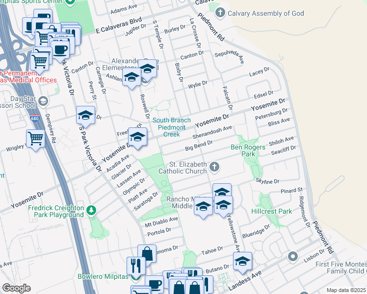 map of restaurants, bars, coffee shops, grocery stores, and more near 1697 Big Bend Drive in Milpitas