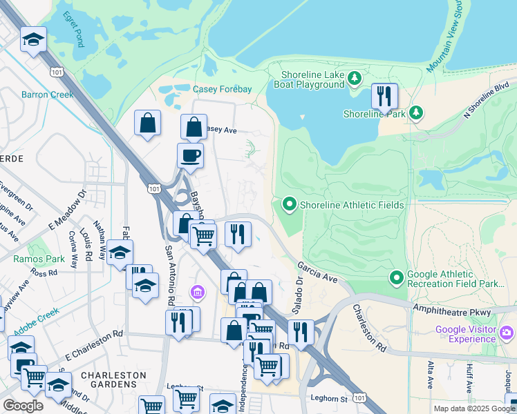 map of restaurants, bars, coffee shops, grocery stores, and more near 2500 Garcia Avenue in Mountain View
