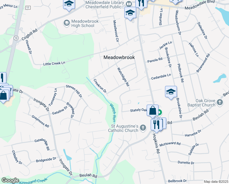 map of restaurants, bars, coffee shops, grocery stores, and more near 4625 Watchspring Drive in Richmond