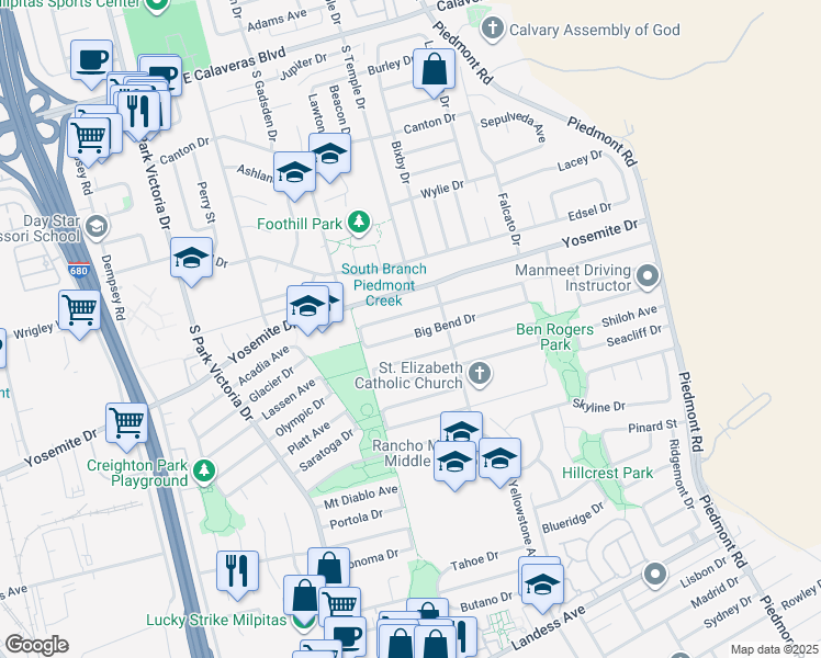 map of restaurants, bars, coffee shops, grocery stores, and more near 1697 Big Bend Drive in Milpitas