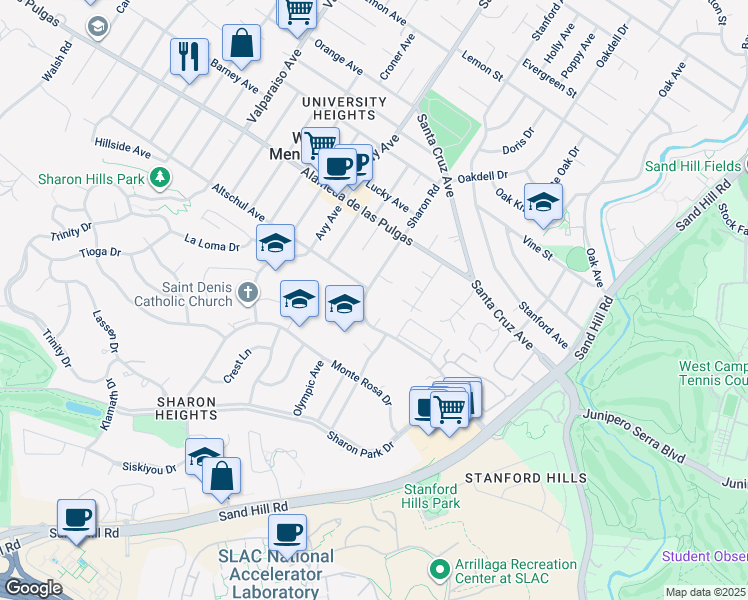 map of restaurants, bars, coffee shops, grocery stores, and more near 2225 Sharon Road in Menlo Park