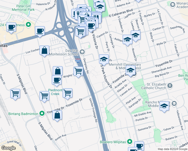 map of restaurants, bars, coffee shops, grocery stores, and more near 424 Dempsey Road in Milpitas