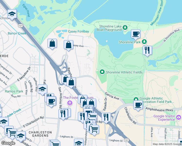 map of restaurants, bars, coffee shops, grocery stores, and more near 2526 Garcia Ave in Mountain View