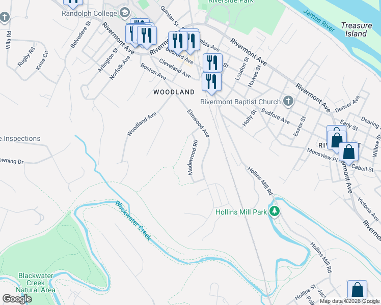 map of restaurants, bars, coffee shops, grocery stores, and more near 525 Madewood Road in Lynchburg