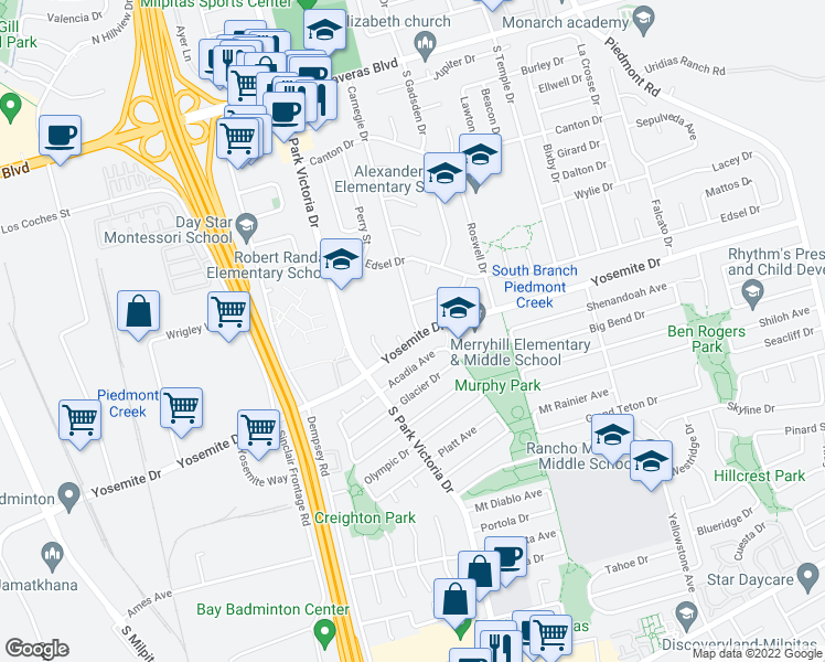 map of restaurants, bars, coffee shops, grocery stores, and more near 1397 Yosemite Drive in Milpitas