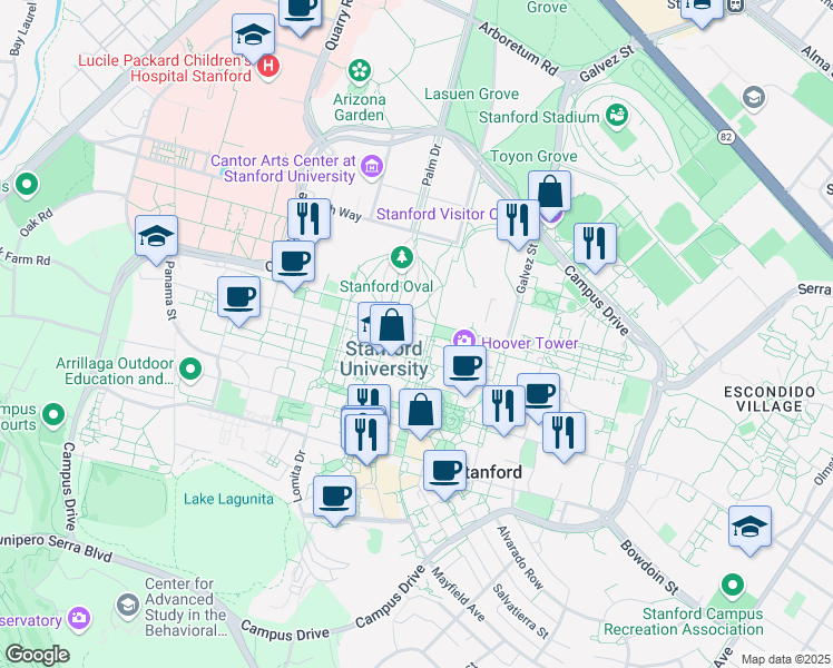 map of restaurants, bars, coffee shops, grocery stores, and more near 450 Serra Mall in Stanford