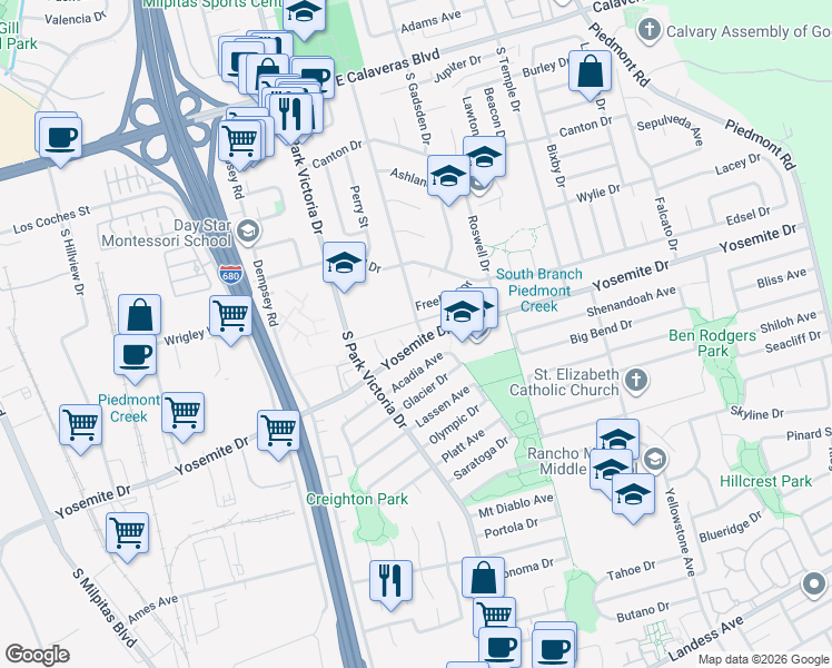 map of restaurants, bars, coffee shops, grocery stores, and more near 1397 Yosemite Drive in Milpitas