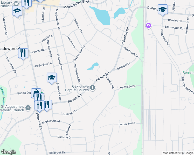 map of restaurants, bars, coffee shops, grocery stores, and more near 3724 Beulah Road in Richmond