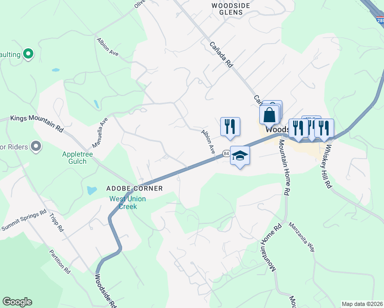 map of restaurants, bars, coffee shops, grocery stores, and more near 120 Miramontes Road in Woodside
