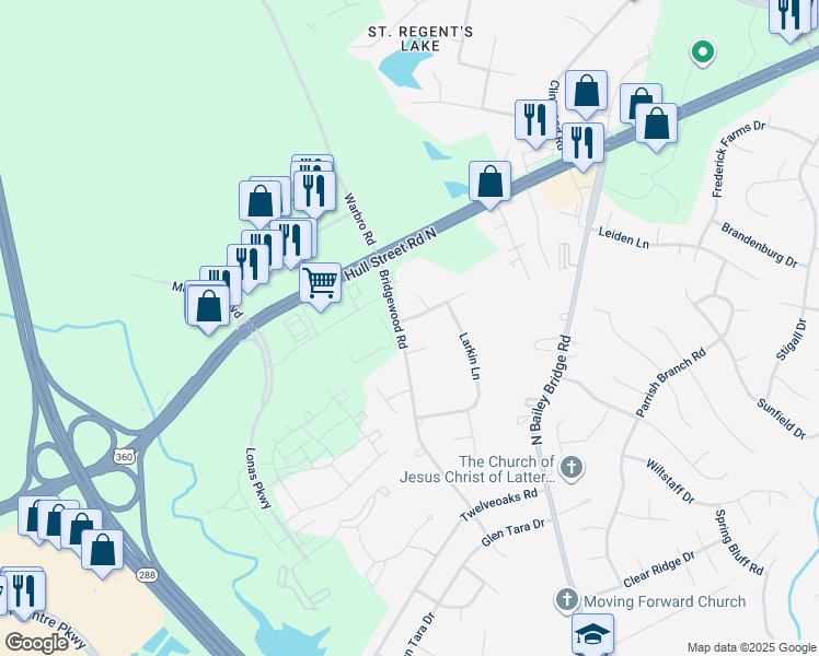 map of restaurants, bars, coffee shops, grocery stores, and more near 12133 Brookview Drive in Midlothian