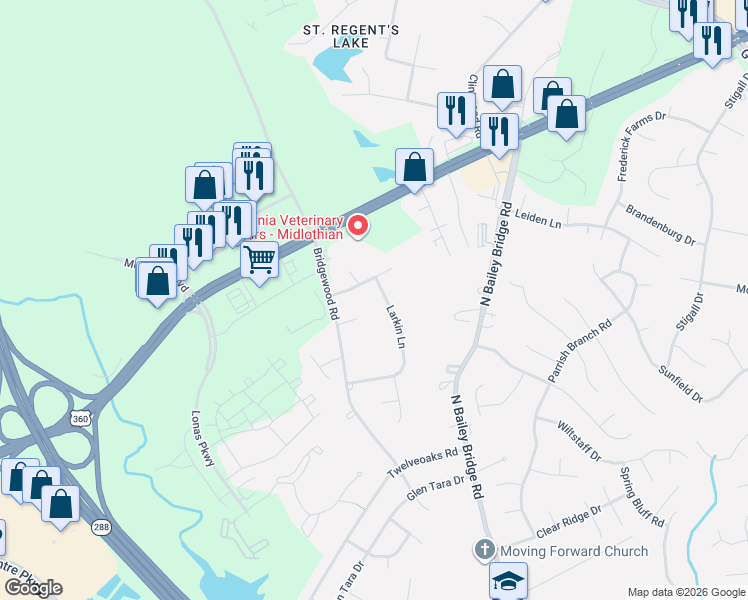 map of restaurants, bars, coffee shops, grocery stores, and more near 4020 Larkin Lane in Midlothian