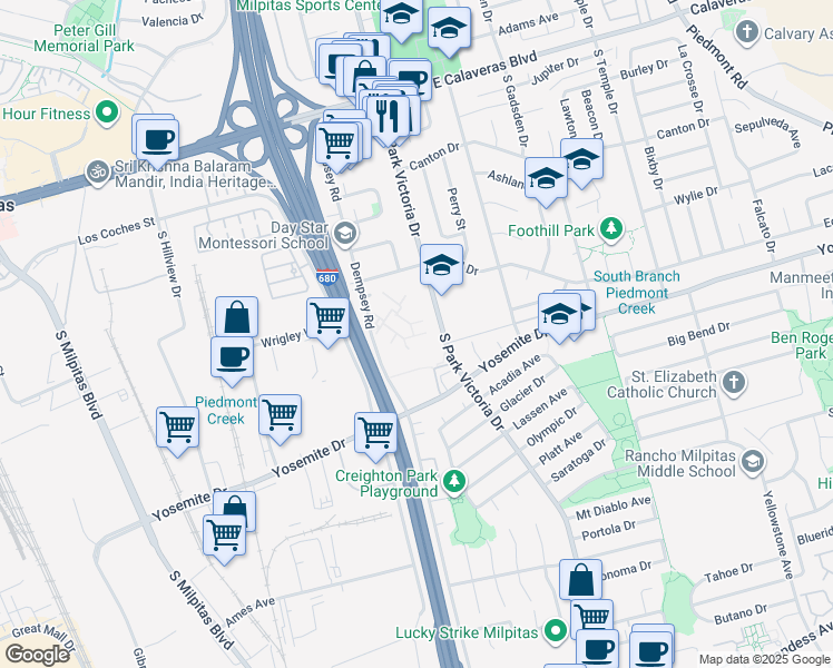 map of restaurants, bars, coffee shops, grocery stores, and more near 436 Dempsey Road in Milpitas