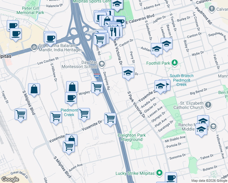 map of restaurants, bars, coffee shops, grocery stores, and more near 424 Dempsey Road in Milpitas