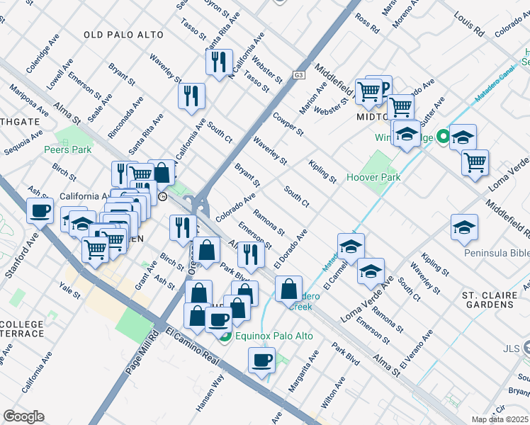 map of restaurants, bars, coffee shops, grocery stores, and more near 2608 Ramona Street in Palo Alto