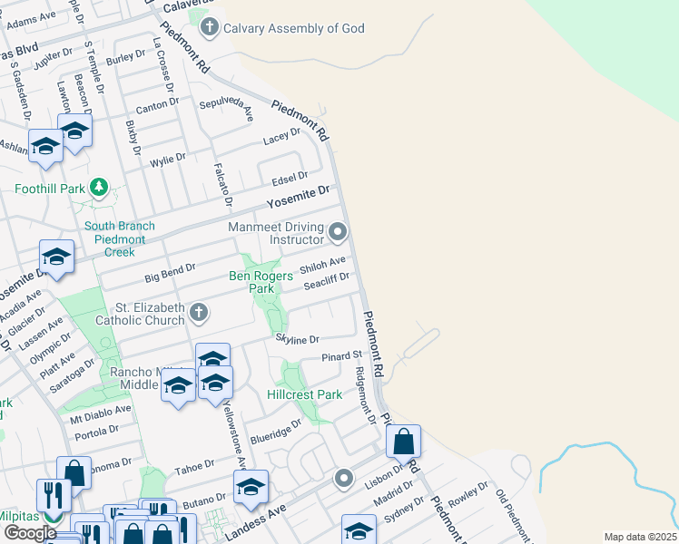 map of restaurants, bars, coffee shops, grocery stores, and more near 2194 Seacliff Drive in Milpitas