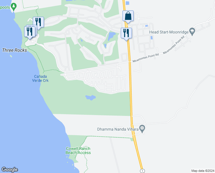 map of restaurants, bars, coffee shops, grocery stores, and more near 8 Coral Way in Half Moon Bay