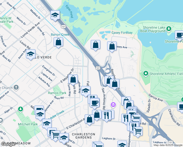 map of restaurants, bars, coffee shops, grocery stores, and more near San Antonio Rd in Palo Alto
