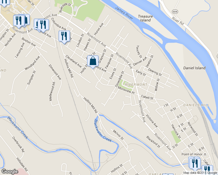 map of restaurants, bars, coffee shops, grocery stores, and more near 1509 Monsview Place in Lynchburg
