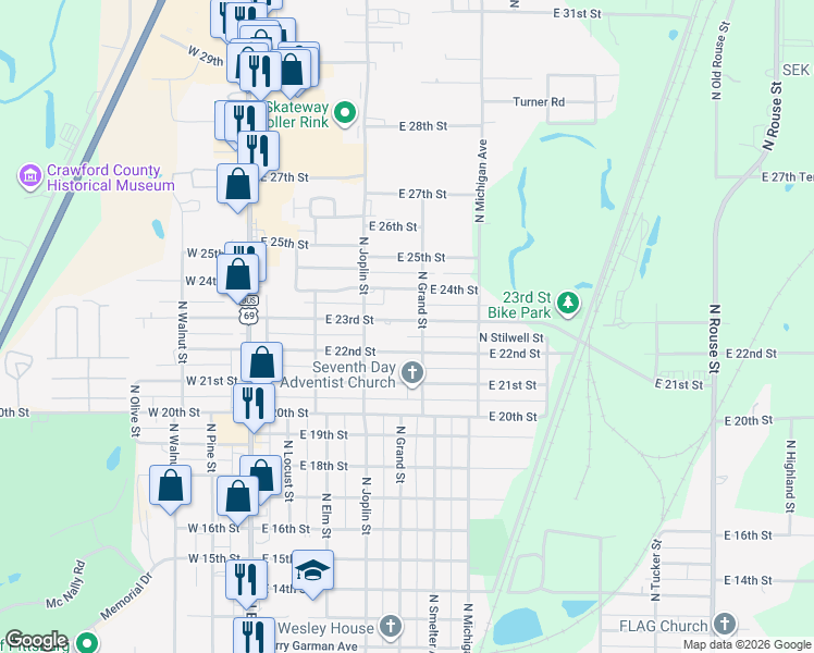 map of restaurants, bars, coffee shops, grocery stores, and more near 503 East 22nd Street in Pittsburg