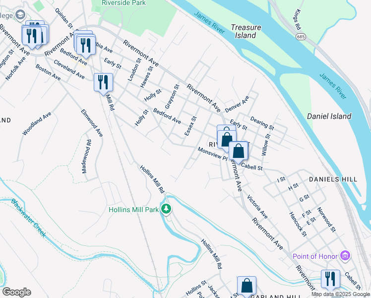 map of restaurants, bars, coffee shops, grocery stores, and more near 1509 Monsview Place in Lynchburg