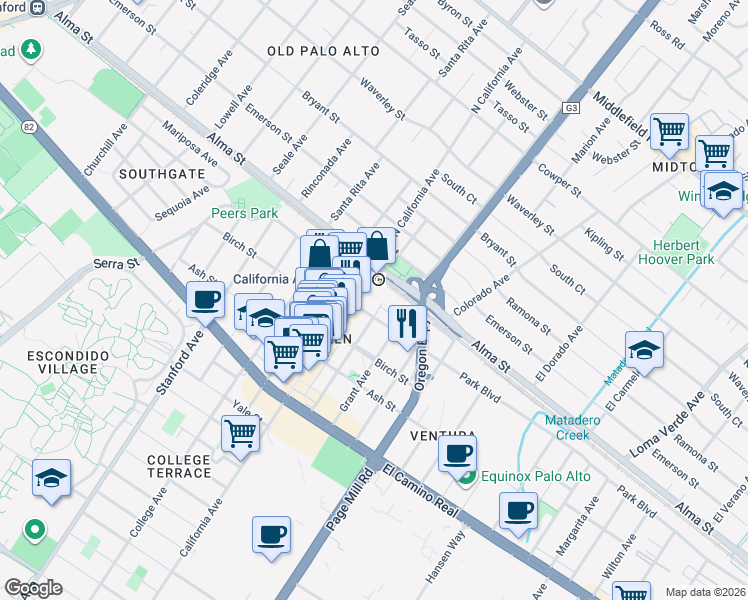 map of restaurants, bars, coffee shops, grocery stores, and more near 153 California Avenue in Palo Alto