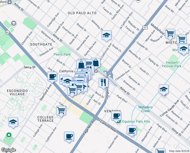 map of restaurants, bars, coffee shops, grocery stores, and more near 153 California Avenue in Palo Alto