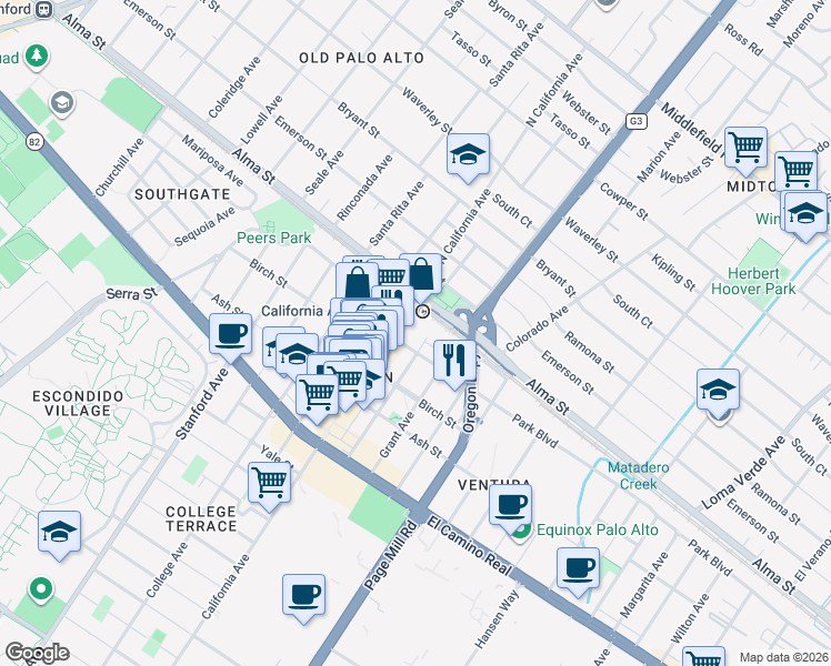 map of restaurants, bars, coffee shops, grocery stores, and more near 2501 Park Boulevard in Palo Alto