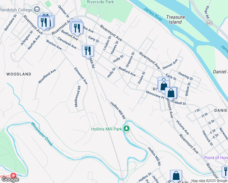 map of restaurants, bars, coffee shops, grocery stores, and more near 1708 Albany Street in Lynchburg