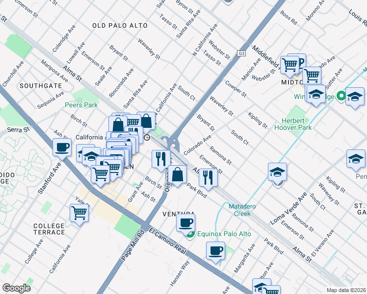 map of restaurants, bars, coffee shops, grocery stores, and more near 121 Colorado Avenue in Palo Alto