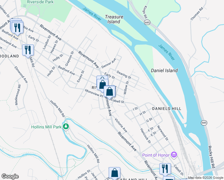 map of restaurants, bars, coffee shops, grocery stores, and more near 1212 Rivermont Avenue in Lynchburg