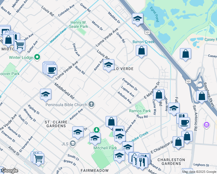 map of restaurants, bars, coffee shops, grocery stores, and more near 3502 Arbutus Avenue in Palo Alto