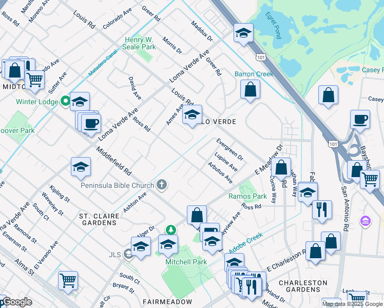 map of restaurants, bars, coffee shops, grocery stores, and more near 3502 Arbutus Avenue in Palo Alto