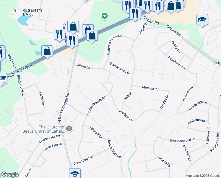 map of restaurants, bars, coffee shops, grocery stores, and more near 4606 Parrish Branch Road in Midlothian