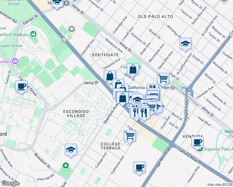 map of restaurants, bars, coffee shops, grocery stores, and more near 1921 El Camino Real in Palo Alto