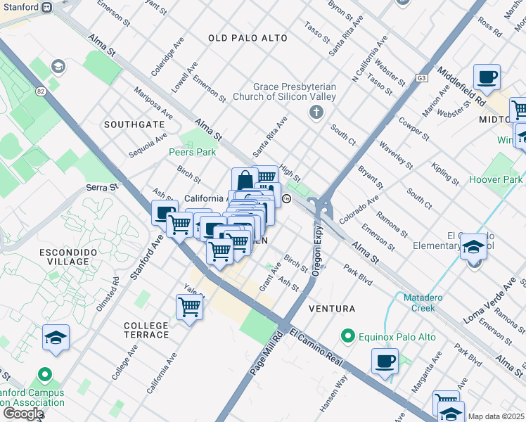 map of restaurants, bars, coffee shops, grocery stores, and more near 230 California Avenue in Palo Alto
