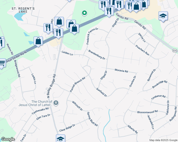 map of restaurants, bars, coffee shops, grocery stores, and more near 4606 Parrish Branch Road in Midlothian