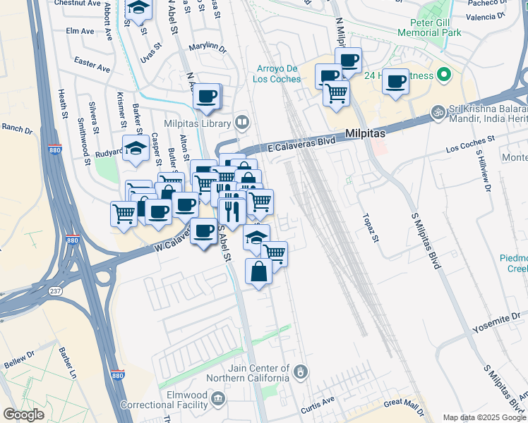 map of restaurants, bars, coffee shops, grocery stores, and more near 150 South Main Street in Milpitas
