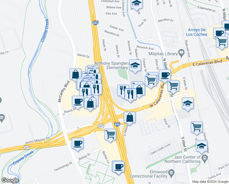 map of restaurants, bars, coffee shops, grocery stores, and more near 606 Valley Way in Milpitas