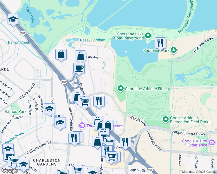 map of restaurants, bars, coffee shops, grocery stores, and more near 2500 Garcia Avenue in Mountain View