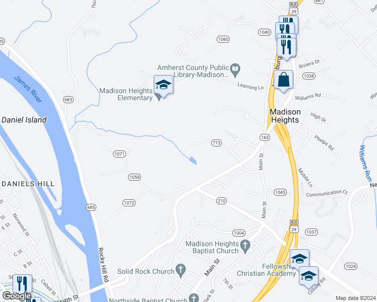 map of restaurants, bars, coffee shops, grocery stores, and more near 213 Martins Lane in Madison Heights