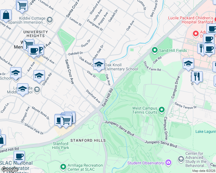 map of restaurants, bars, coffee shops, grocery stores, and more near 15 Perry Avenue in West Menlo Park