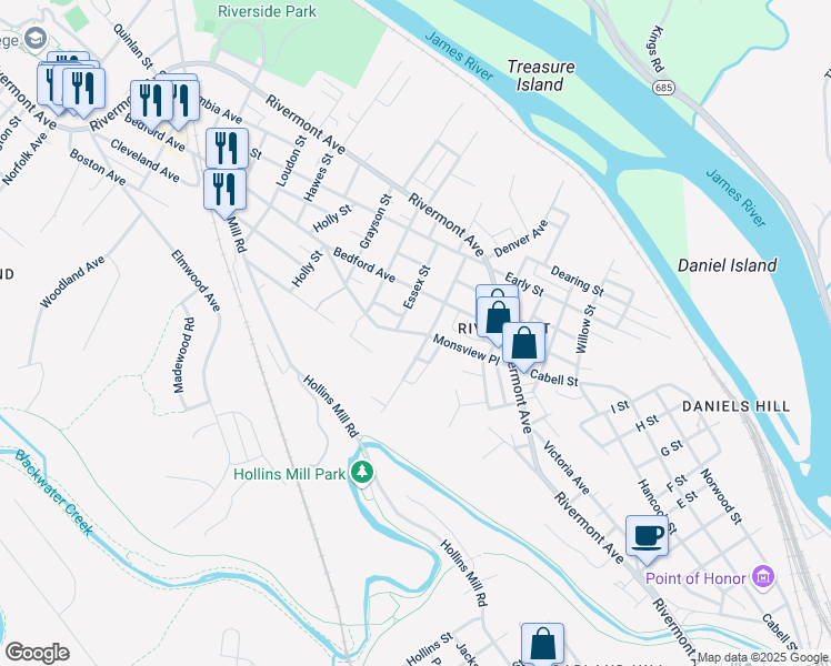 map of restaurants, bars, coffee shops, grocery stores, and more near 1501 Monsview Place in Lynchburg