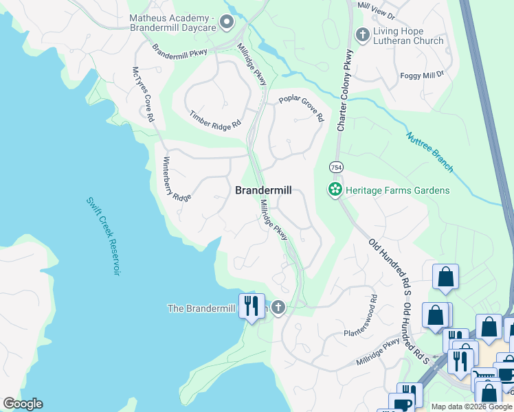 map of restaurants, bars, coffee shops, grocery stores, and more near 13600 Northwich Terrace in Midlothian