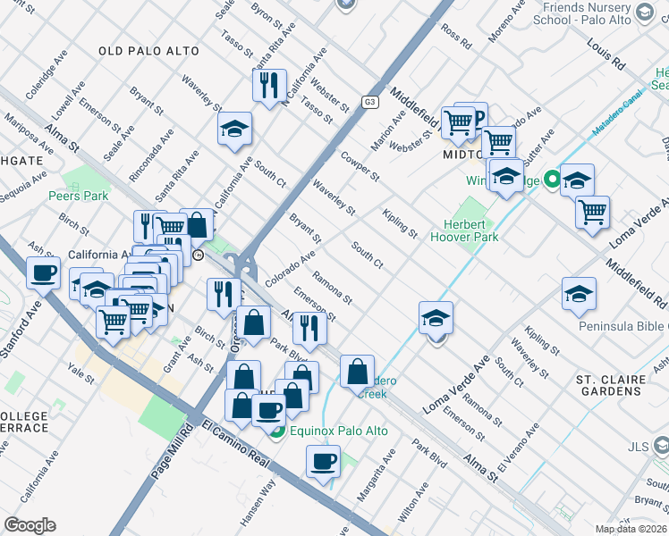 map of restaurants, bars, coffee shops, grocery stores, and more near 2608 Bryant Street in Palo Alto