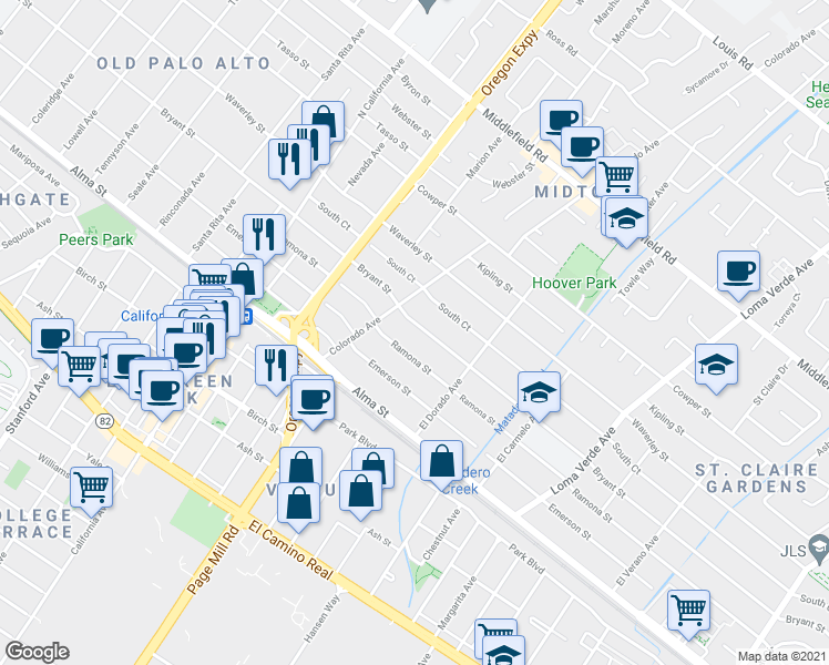 map of restaurants, bars, coffee shops, grocery stores, and more near 2608 Bryant Street in Palo Alto