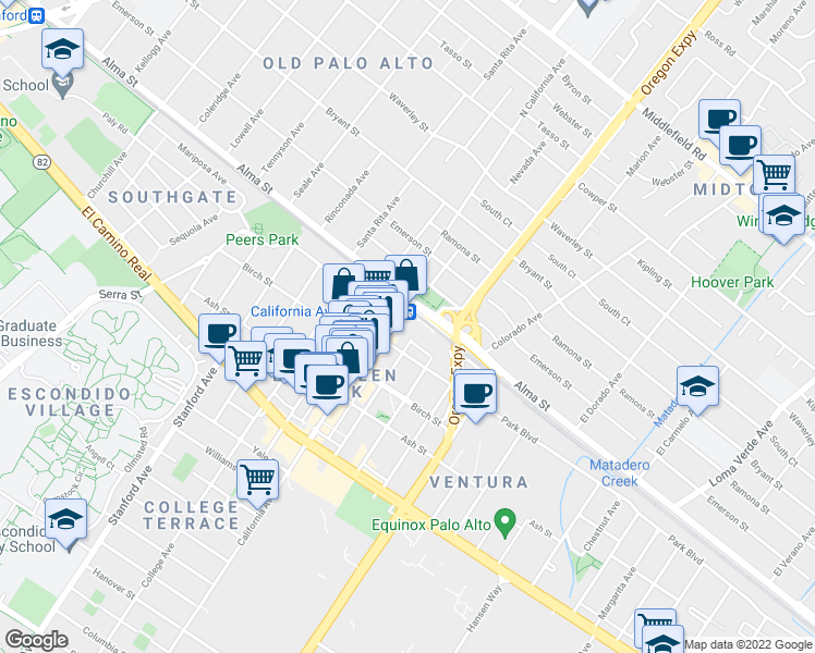 map of restaurants, bars, coffee shops, grocery stores, and more near 2501 Park Boulevard in Palo Alto