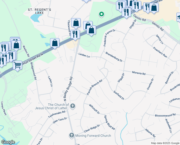 map of restaurants, bars, coffee shops, grocery stores, and more near 11644 Bailey Mountain Trail in Midlothian