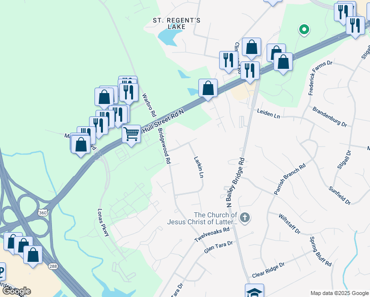 map of restaurants, bars, coffee shops, grocery stores, and more near 4000 Larkin Lane in Midlothian